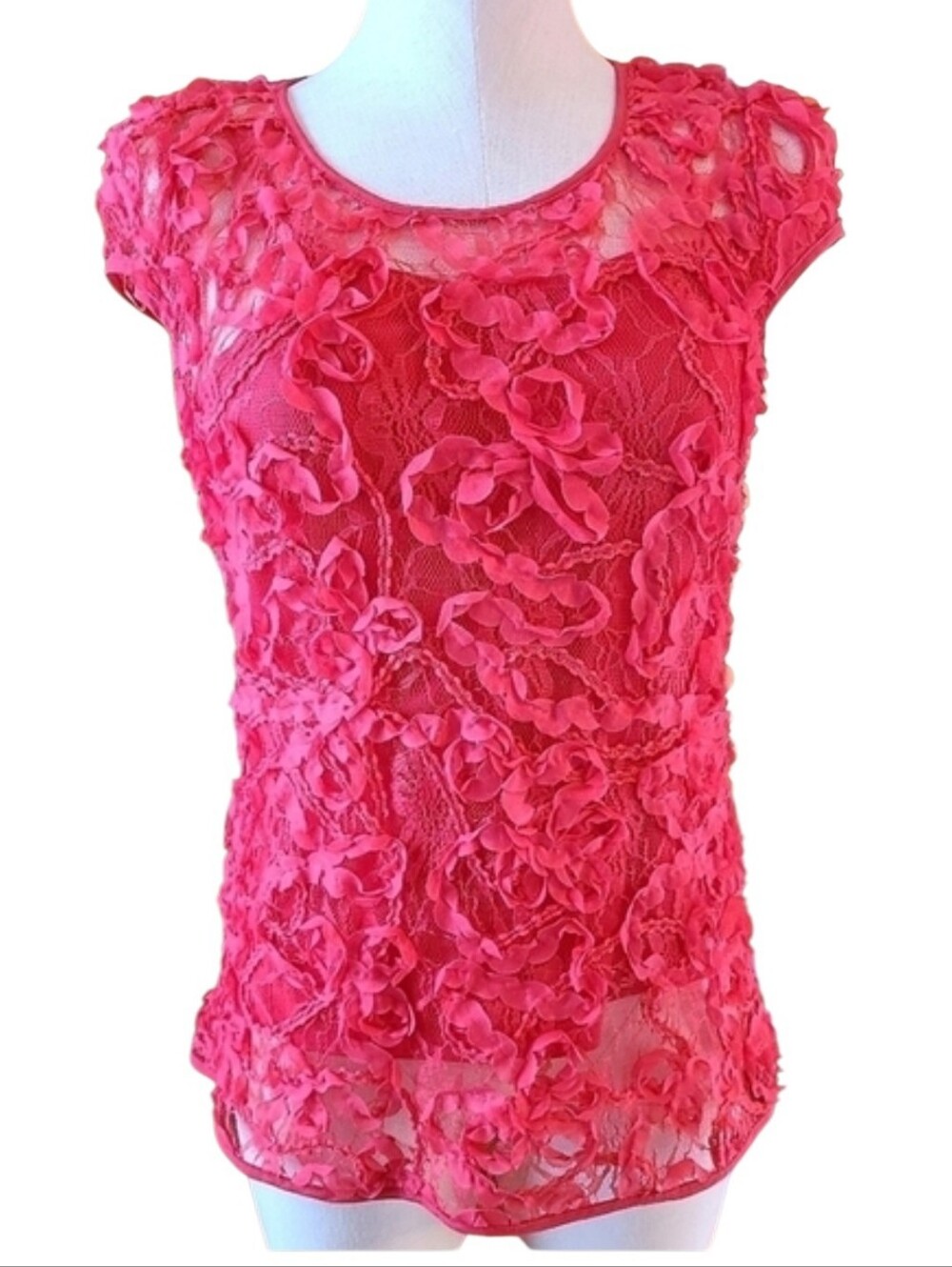 Eci Bright Coral Red Lace Cap Sl. Top